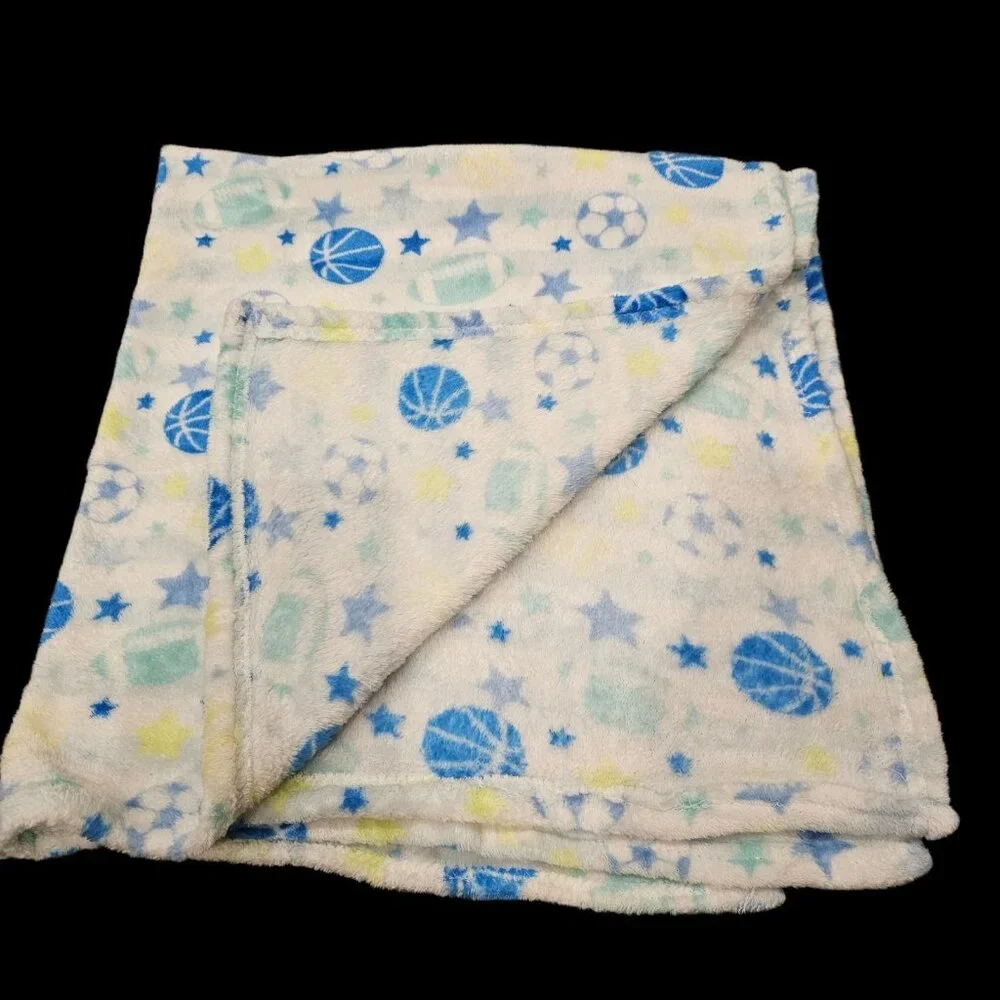 Swiggles Sports‎ Blue Fleece Baby Blanket Basketball Football Soccer Stars Lovey